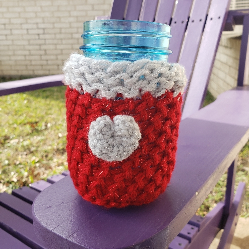SALE Handmade Knit Glittery heart Koozie